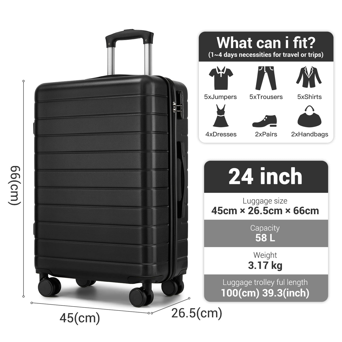 24 Inch Checked Luggage, Durable ABS Hard Shell Suitcase with 360 Silent Spinner Wheels & Secure Combination Lock KSN2691