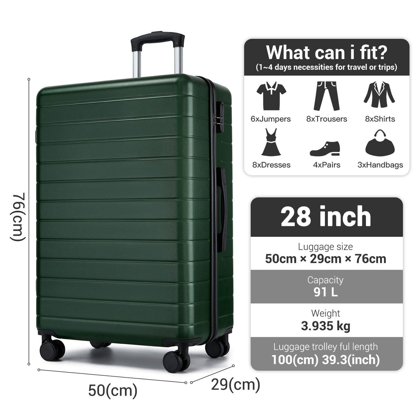 28 Inch Large Checked Luggage, Premium ABS Hard Shell Suitcase with 360 Silent Wheels & Secure Combination Lock KSN2691