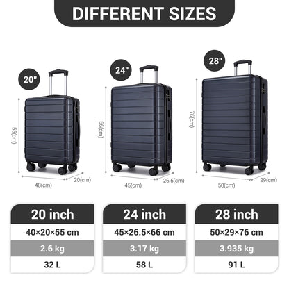 3-Piece Hard Shell Luggage Set (20/24/28 Inch), Lightweight ABS Suitcases with Silent Wheels & Combination Locks KSN2691