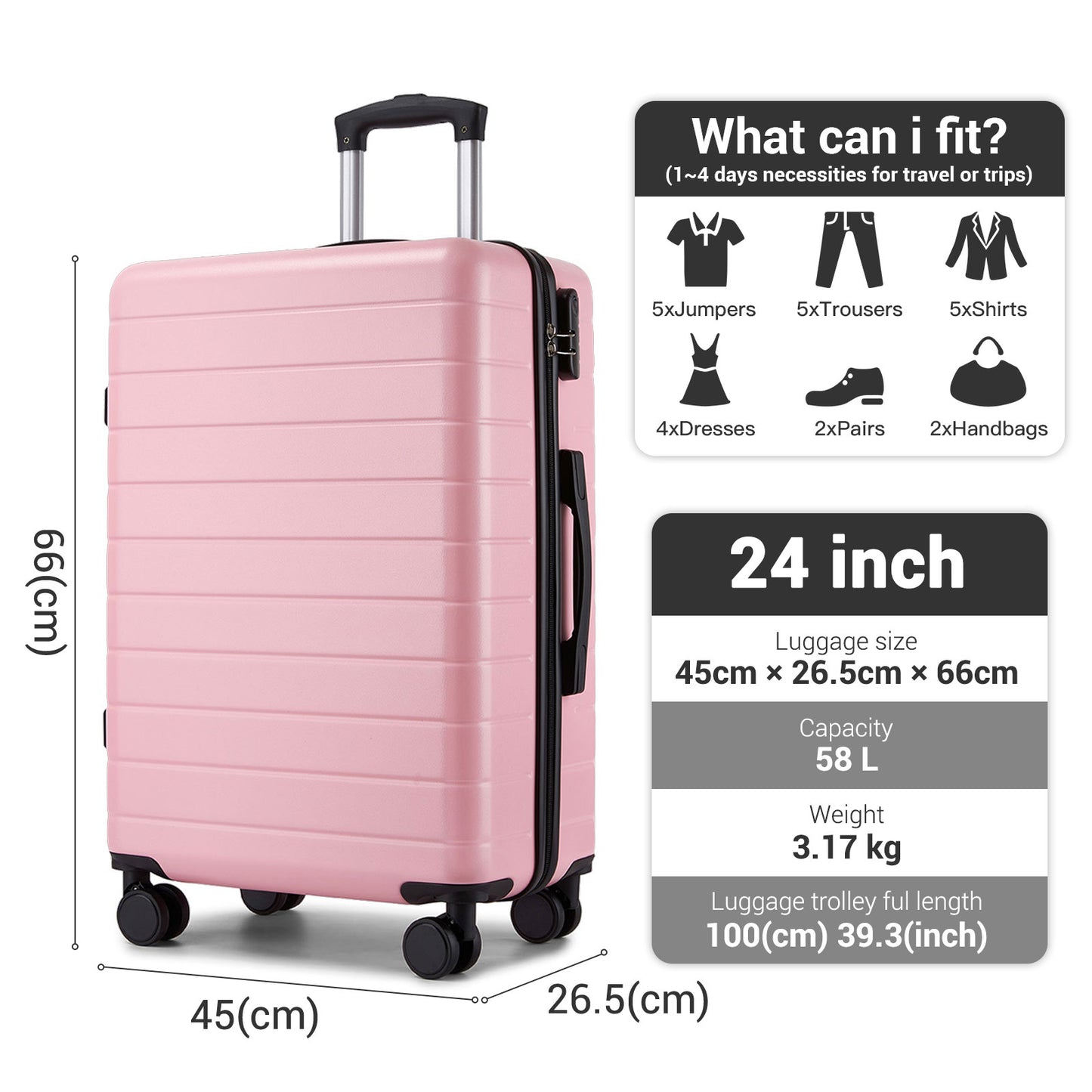 24 Inch Checked Luggage, Durable ABS Hard Shell Suitcase with 360 Silent Spinner Wheels & Secure Combination Lock KSN2691