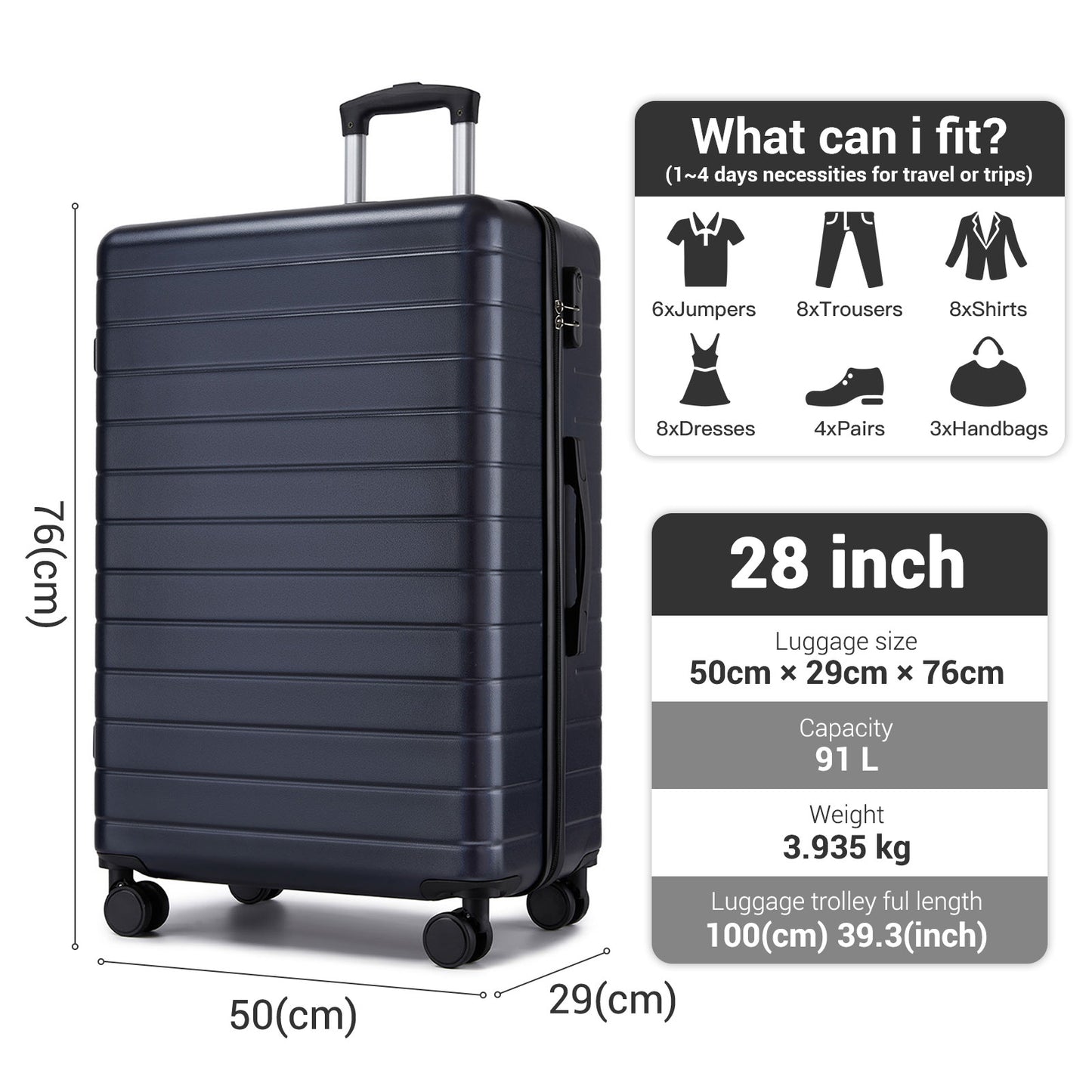 28 Inch Large Checked Luggage, Premium ABS Hard Shell Suitcase with 360 Silent Wheels & Secure Combination Lock KSN2691