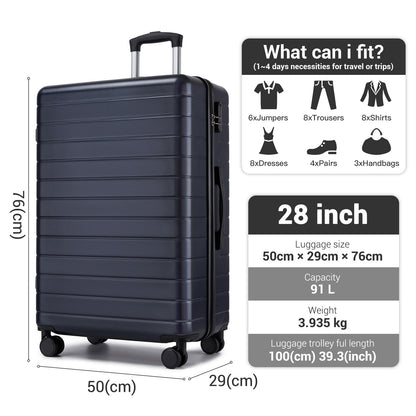 28 Inch Large Checked Luggage, Premium ABS Hard Shell Suitcase with 360 Silent Wheels & Secure Combination Lock KSN2691