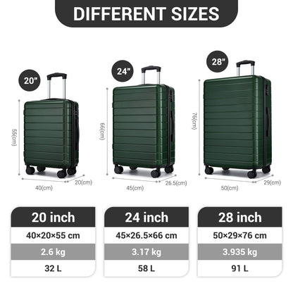 3-Piece Hard Shell Luggage Set (20/24/28 Inch), Lightweight ABS Suitcases with Silent Wheels & Combination Locks KSN2691