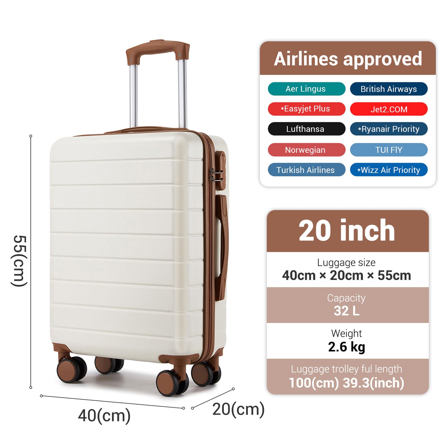 20 Inch Carry-On Luggage, Lightweight ABS Hard Shell Suitcase with 360 Silent Wheels, Combination Lock & Organised Interior KSN2691