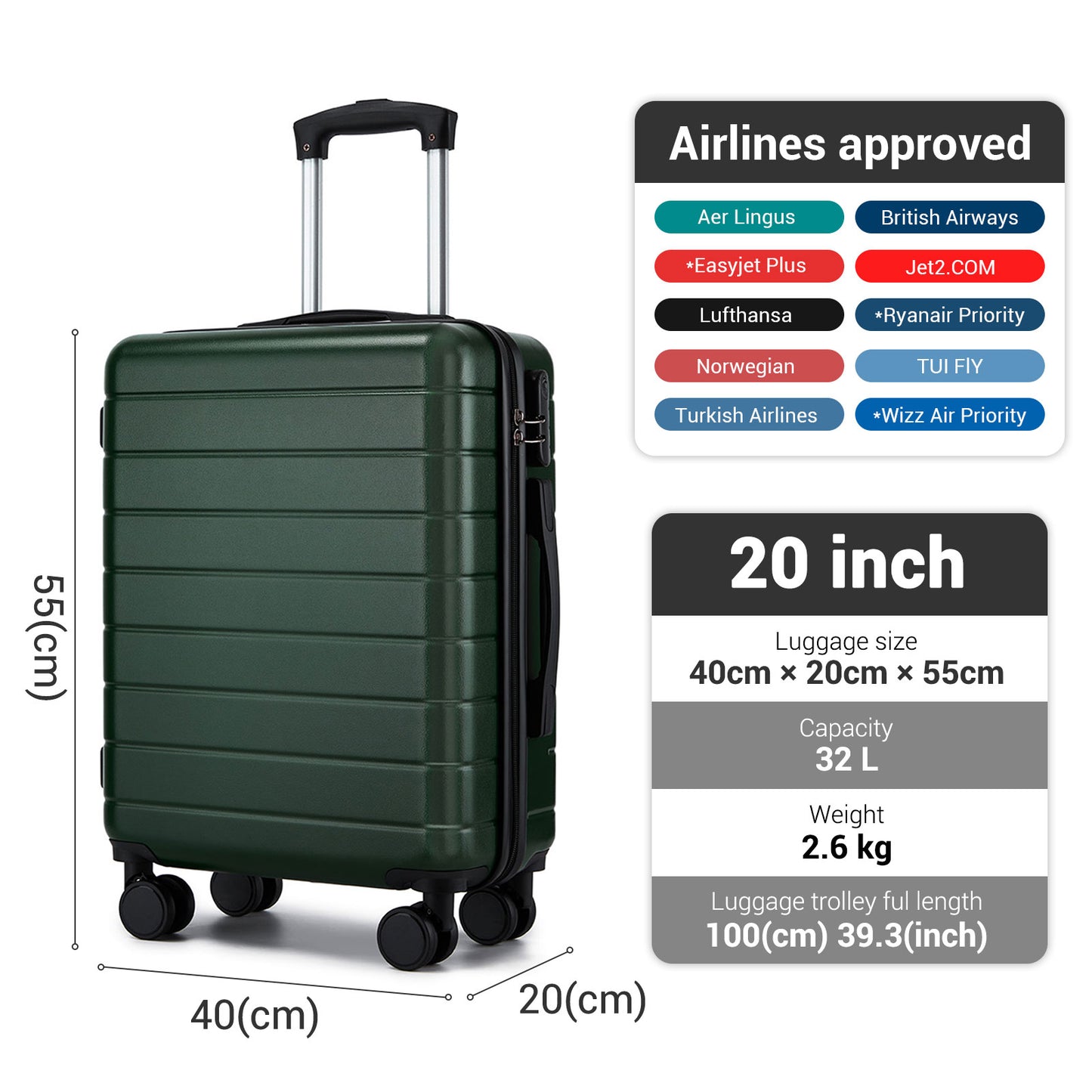 20 Inch Carry-On Luggage, Lightweight ABS Hard Shell Suitcase with 360 Silent Wheels, Combination Lock & Organised Interior KSN2691
