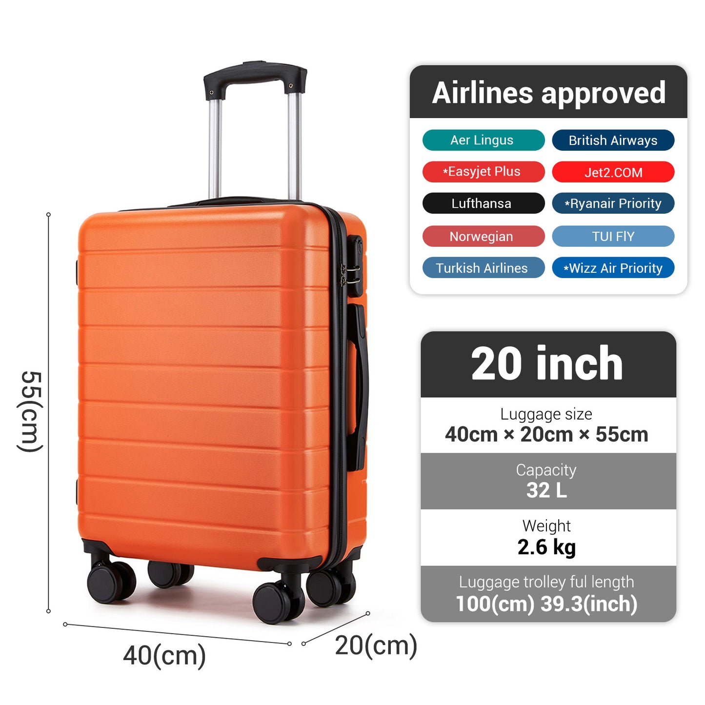 20 Inch Carry-On Luggage, Lightweight ABS Hard Shell Suitcase with 360 Silent Wheels, Combination Lock & Organised Interior KSN2691