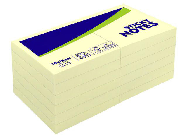 Lyreco Repositionable pastel Yellow 75x75 100 Sheets/Pad Pack of 12 Pads
